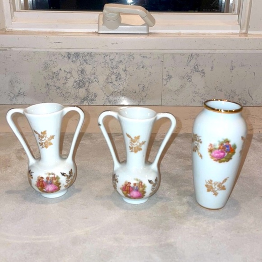 Limoges Collection of 3 Vintage Miniature F & M Bud Vases Made in France EUC